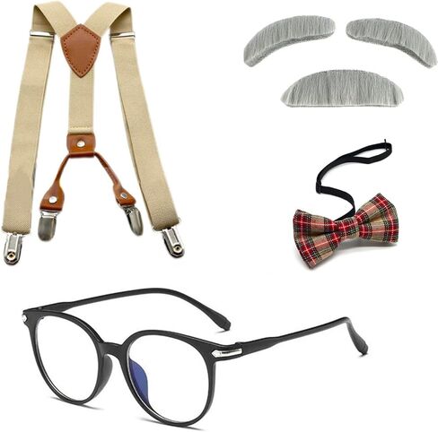 Old Man Costume for Boys - Grandpa Accessories Kids Including Glasses, Suspenders, Bow Tie, Mustache And Eyebrows - 100 Days of School Old man Costume for Theme Party Halloween Cosplay in Kuwait