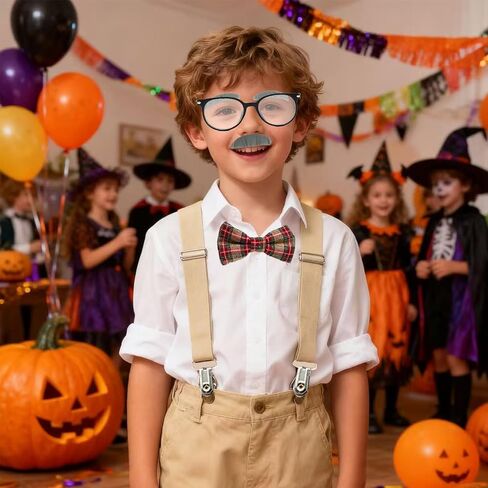 Old Man Costume for Boys - Grandpa Accessories Kids Including Glasses, Suspenders, Bow Tie, Mustache And Eyebrows - 100 Days of School Old man Costume for Theme Party Halloween Cosplay in Kuwait