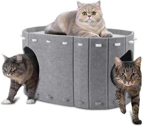 Cat House for Indoor Cats, Double Layer Cat Bed Cave, Large Space Cat Enclosed Bed for Home, Easy Assembly (Grey, Large) in Kuwait