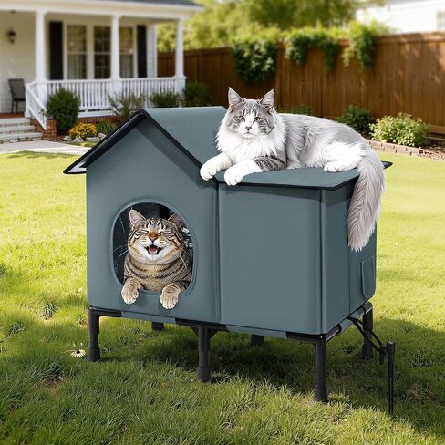 Weatherproof Heated Cat House for Outside with Heating Pad, Elevated Feet Outdoor Cat House, Expanded Canopy Warm Cats Shelter, Heating Pet Beds for Feral or Stray Cats in Winter (Warm Grey, Heated) in Saudi Arabia