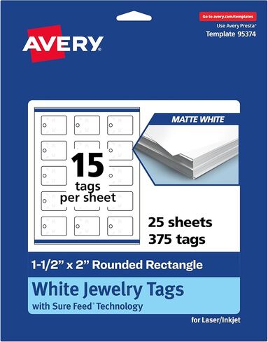 Avery Printable Rounded Rectangle Jewelry Tags, Sure Feed Technology, 1-1/2" x 2", Matte White Cardstock, Print-to-The-Edge, Laser/Inkjet Printable, 375 Total in Saudi Arabia