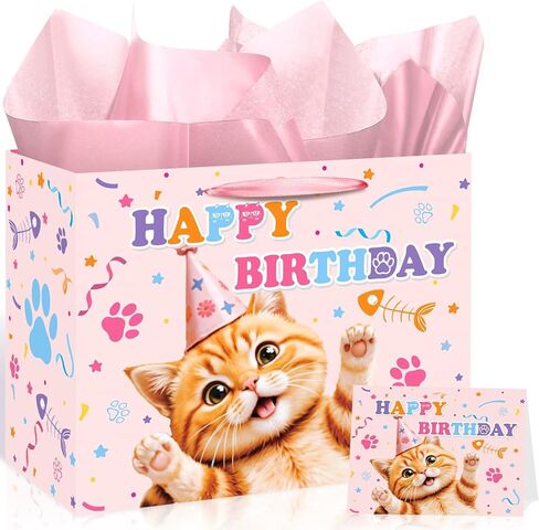 TagreSpike Funny Cat Birthday Gift Bag Cat Lovers Gift Bag with Card and Tissue Paper HEY I Just Want to Say Happy Birthday Cute Meow Gift Wrapping Paper for Boys Girls Bday Party Supplies Decor in Saudi Arabia