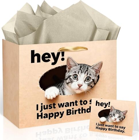 TagreSpike Funny Cat Birthday Gift Bag Cat Lovers Gift Bag with Card and Tissue Paper HEY I Just Want to Say Happy Birthday Cute Meow Gift Wrapping Paper for Boys Girls Bday Party Supplies Decor in Saudi Arabia