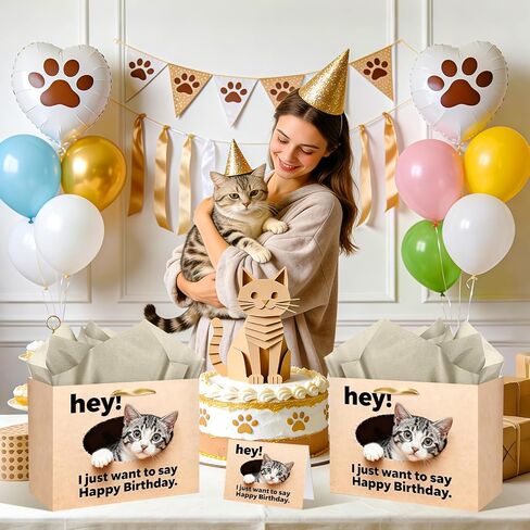 TagreSpike Funny Cat Birthday Gift Bag Cat Lovers Gift Bag with Card and Tissue Paper HEY I Just Want to Say Happy Birthday Cute Meow Gift Wrapping Paper for Boys Girls Bday Party Supplies Decor in Saudi Arabia