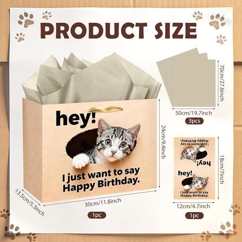 TagreSpike Funny Cat Birthday Gift Bag Cat Lovers Gift Bag with Card and Tissue Paper HEY I Just Want to Say Happy Birthday Cute Meow Gift Wrapping Paper for Boys Girls Bday Party Supplies Decor in Saudi Arabia
