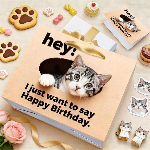 TagreSpike Funny Cat Birthday Gift Bag Cat Lovers Gift Bag with Card and Tissue Paper HEY I Just Want to Say Happy Birthday Cute Meow Gift Wrapping Paper for Boys Girls Bday Party Supplies Decor in Saudi Arabia