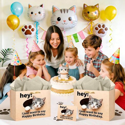 TagreSpike Funny Cat Birthday Gift Bag Cat Lovers Gift Bag with Card and Tissue Paper HEY I Just Want to Say Happy Birthday Cute Meow Gift Wrapping Paper for Boys Girls Bday Party Supplies Decor in Saudi Arabia