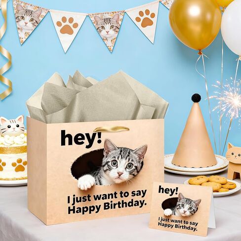 TagreSpike Funny Cat Birthday Gift Bag Cat Lovers Gift Bag with Card and Tissue Paper HEY I Just Want to Say Happy Birthday Cute Meow Gift Wrapping Paper for Boys Girls Bday Party Supplies Decor in Saudi Arabia