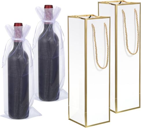 Vin Beauty Wine Gift Bag 2 Pcs Luxury Wine Bottle Gift Bags 4"x4"x13.8" with 2 Pcs Organza Bag 14"x6", Bags for Bottles Gifts, Reusable Gold Foil Print White Champagne Bag with Handles in Saudi Arabia