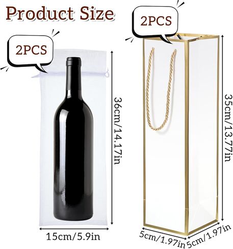 Vin Beauty Wine Gift Bag 2 Pcs Luxury Wine Bottle Gift Bags 4"x4"x13.8" with 2 Pcs Organza Bag 14"x6", Bags for Bottles Gifts, Reusable Gold Foil Print White Champagne Bag with Handles in Saudi Arabia