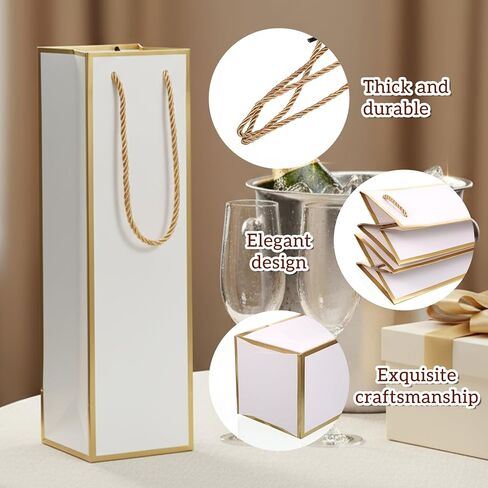 Vin Beauty Wine Gift Bag 2 Pcs Luxury Wine Bottle Gift Bags 4"x4"x13.8" with 2 Pcs Organza Bag 14"x6", Bags for Bottles Gifts, Reusable Gold Foil Print White Champagne Bag with Handles in Saudi Arabia