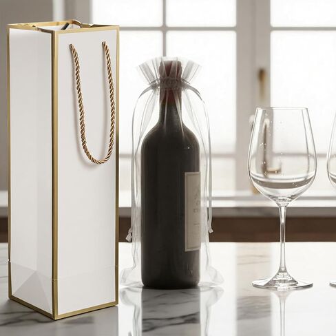 Vin Beauty Wine Gift Bag 2 Pcs Luxury Wine Bottle Gift Bags 4"x4"x13.8" with 2 Pcs Organza Bag 14"x6", Bags for Bottles Gifts, Reusable Gold Foil Print White Champagne Bag with Handles in Saudi Arabia