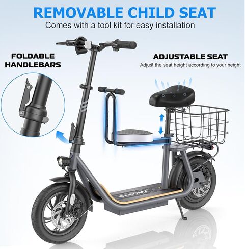 سكوتر كهربائي Caroma Peak 800W/1200W مع إطار مقعد 12 بوصة، نطاق 30 ميلاً 20 ميل في الساعة القصوى، سكوتر كهربائي قابل للطي للبالغين 300 رطل أقصى حمولة in Kuwait