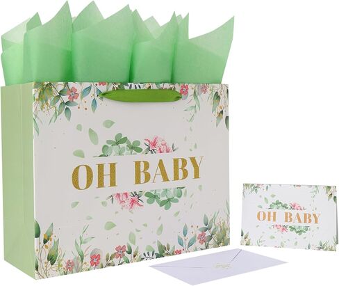 13'' Large Baby Girl Gift Bag Set with Handles, Greeting Card, Tissue Papers and Stickers for Girls Kids Teens Women for Baby Shower, Girls' Birthday Party, Newborn, New Moms, Little One, 1st Baby, Gold Glitter 'OH BABY' design, 1 Pcs in Saudi Arabia