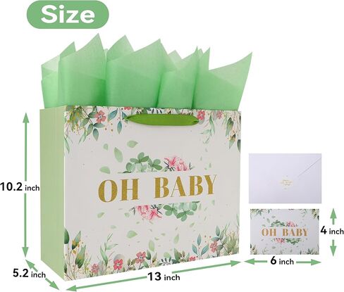 13'' Large Baby Girl Gift Bag Set with Handles, Greeting Card, Tissue Papers and Stickers for Girls Kids Teens Women for Baby Shower, Girls' Birthday Party, Newborn, New Moms, Little One, 1st Baby, Gold Glitter 'OH BABY' design, 1 Pcs in Saudi Arabia