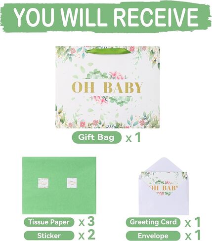 13'' Large Baby Girl Gift Bag Set with Handles, Greeting Card, Tissue Papers and Stickers for Girls Kids Teens Women for Baby Shower, Girls' Birthday Party, Newborn, New Moms, Little One, 1st Baby, Gold Glitter 'OH BABY' design, 1 Pcs in Saudi Arabia