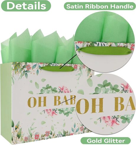 13'' Large Baby Girl Gift Bag Set with Handles, Greeting Card, Tissue Papers and Stickers for Girls Kids Teens Women for Baby Shower, Girls' Birthday Party, Newborn, New Moms, Little One, 1st Baby, Gold Glitter 'OH BABY' design, 1 Pcs in Saudi Arabia
