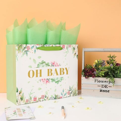 13'' Large Baby Girl Gift Bag Set with Handles, Greeting Card, Tissue Papers and Stickers for Girls Kids Teens Women for Baby Shower, Girls' Birthday Party, Newborn, New Moms, Little One, 1st Baby, Gold Glitter 'OH BABY' design, 1 Pcs in Saudi Arabia