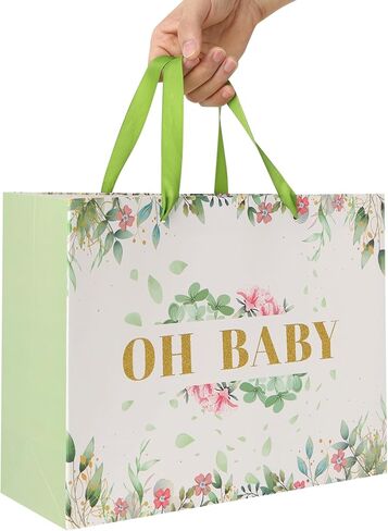 13'' Large Baby Girl Gift Bag Set with Handles, Greeting Card, Tissue Papers and Stickers for Girls Kids Teens Women for Baby Shower, Girls' Birthday Party, Newborn, New Moms, Little One, 1st Baby, Gold Glitter 'OH BABY' design, 1 Pcs in Saudi Arabia