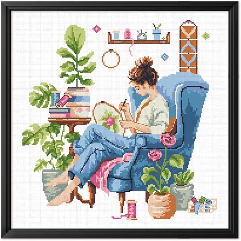 FREEBLOSS 11CT Cross Stitch Kits Girl Green Plants Stamped Full Range of Embroidery Starter Kits for Beginners Stamped Cross Stitch Wall Painting Craft Kit with Instruction, 17.7x17.7 in Saudi Arabia