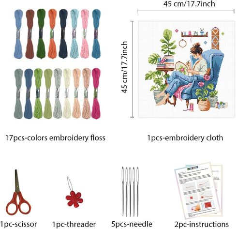FREEBLOSS 11CT Cross Stitch Kits Girl Green Plants Stamped Full Range of Embroidery Starter Kits for Beginners Stamped Cross Stitch Wall Painting Craft Kit with Instruction, 17.7x17.7 in Saudi Arabia
