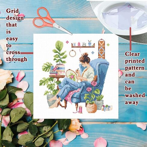 FREEBLOSS 11CT Cross Stitch Kits Girl Green Plants Stamped Full Range of Embroidery Starter Kits for Beginners Stamped Cross Stitch Wall Painting Craft Kit with Instruction, 17.7x17.7 in Saudi Arabia