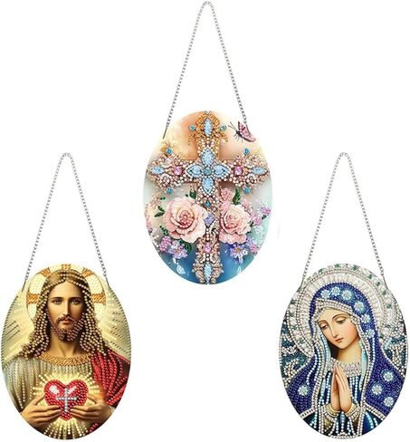 MaiYiYi 3 PCS Religious Series Virgin Mary Jesus Diamond Painting Hanging Pendant Kit, Special Gem Acrylic Cross Diamond Art Painting Ornaments Window Pendants for Adult Home Wall Art Decor in Saudi Arabia
