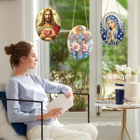 MaiYiYi 3 PCS Religious Series Virgin Mary Jesus Diamond Painting Hanging Pendant Kit, Special Gem Acrylic Cross Diamond Art Painting Ornaments Window Pendants for Adult Home Wall Art Decor in Saudi Arabia