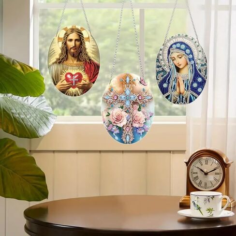 MaiYiYi 3 PCS Religious Series Virgin Mary Jesus Diamond Painting Hanging Pendant Kit, Special Gem Acrylic Cross Diamond Art Painting Ornaments Window Pendants for Adult Home Wall Art Decor in Saudi Arabia