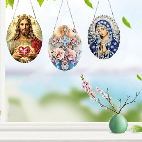 MaiYiYi 3 PCS Religious Series Virgin Mary Jesus Diamond Painting Hanging Pendant Kit, Special Gem Acrylic Cross Diamond Art Painting Ornaments Window Pendants for Adult Home Wall Art Decor in Saudi Arabia