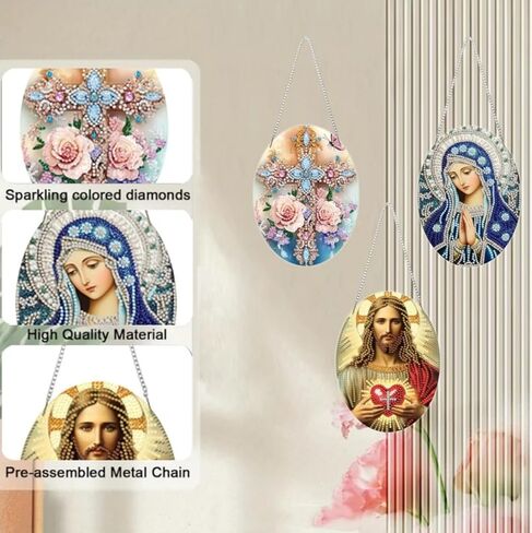 MaiYiYi 3 PCS Religious Series Virgin Mary Jesus Diamond Painting Hanging Pendant Kit, Special Gem Acrylic Cross Diamond Art Painting Ornaments Window Pendants for Adult Home Wall Art Decor in Saudi Arabia