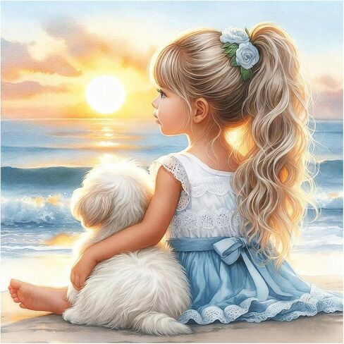 طقم طلاء ألماس كامل الحفر 5D من HvasJing Link Sunset Girl & Puppy للبالغين - صديق للمبتدئين مع أدوات كاملة، تخفيف التوتر DIY لديكور جدار المنزل، 12 × 12 بوصة ألماس دائري كامل in Saudi Arabia