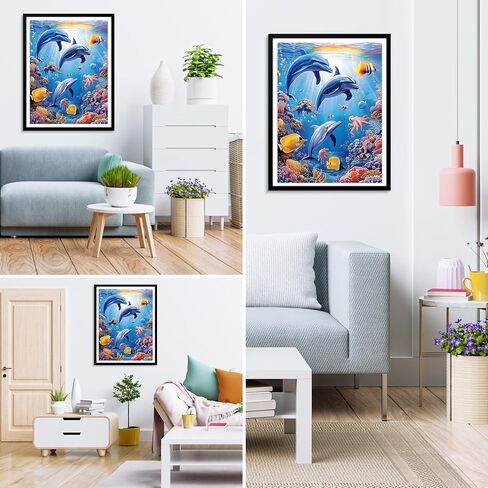 MXJSUA Dolphins DIY Diamond Painting by Number Kits for Adults, Sea World 5D Round Drill Diamond Gem Art Painting Picture Arts Kits Craft for Home Wall Decor 12x16 Inch in Saudi Arabia