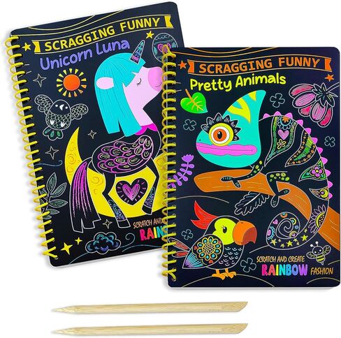 JUNQIU Easter Basket Stuffers, 2 Pack Animal & Unicorn Scratch Art for Kids, Rainbow Scratch Paper Art Notebook, Arts and Crafts for Boys Girls, Birthday Gifts Party Games in Kuwait