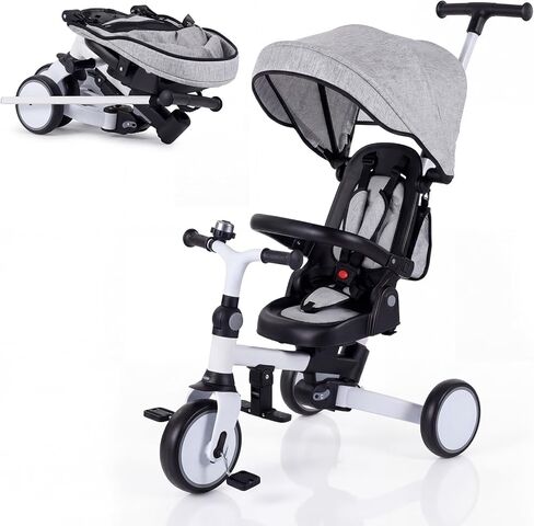 BABY JOY Kids Tricycle, 8-in-1 Folding Toddler Trike w/Push Handle, Removable & Adjustable Canopy, 5-Point Safety Harness, Rotatable Seat & Storage Pocket, Pushing Toddler Bike for 1-6 (Light Blue) in Saudi Arabia