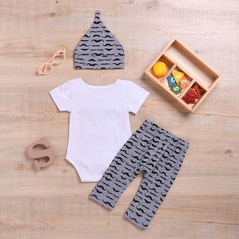 3 قطع الوليد بيبي بوي بنات بووتي خطابات رومبير البدلة + شارب طويل بانت + قبعة طفل Playsuit منامة in Kuwait
