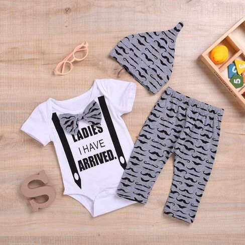 3 قطع الوليد بيبي بوي بنات بووتي خطابات رومبير البدلة + شارب طويل بانت + قبعة طفل Playsuit منامة in Kuwait