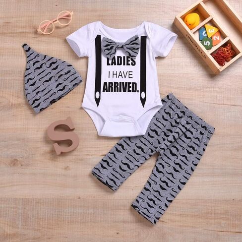 3 قطع الوليد بيبي بوي بنات بووتي خطابات رومبير البدلة + شارب طويل بانت + قبعة طفل Playsuit منامة in Kuwait