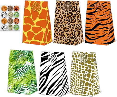 24 Pcs Animal Print Goodie Bags Wildlife Print Gift Bags with Stickers -Wild Life Animal Themed Birthday Party Favor Bags, Leopard Tiger Zebra Giraffe Pattern for Animal Themed for Party Decoration Supplies in Saudi Arabia