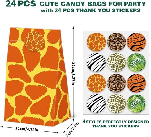 24 Pcs Animal Print Goodie Bags Wildlife Print Gift Bags with Stickers -Wild Life Animal Themed Birthday Party Favor Bags, Leopard Tiger Zebra Giraffe Pattern for Animal Themed for Party Decoration Supplies in Saudi Arabia