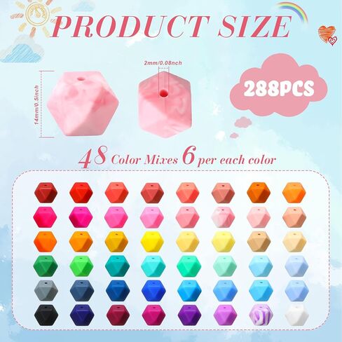 Hotop 288 Pcs Hexagon Silicone Beads Bulk 48 Colors 14mm Silicone Beads for Keychain Making Kit Rubber Focal Loose Beading for Necklace Bracelet Lanyard Making in Saudi Arabia
