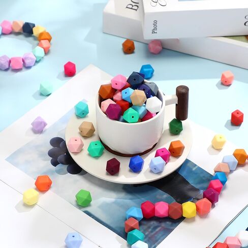 Hotop 288 Pcs Hexagon Silicone Beads Bulk 48 Colors 14mm Silicone Beads for Keychain Making Kit Rubber Focal Loose Beading for Necklace Bracelet Lanyard Making in Saudi Arabia