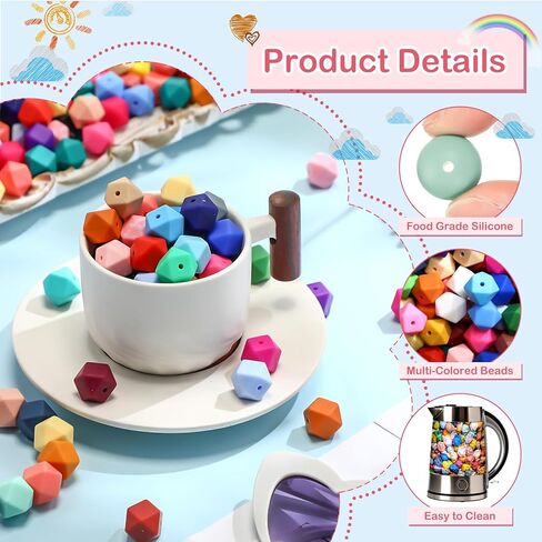 Hotop 288 Pcs Hexagon Silicone Beads Bulk 48 Colors 14mm Silicone Beads for Keychain Making Kit Rubber Focal Loose Beading for Necklace Bracelet Lanyard Making in Saudi Arabia