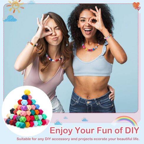 Hotop 288 Pcs Hexagon Silicone Beads Bulk 48 Colors 14mm Silicone Beads for Keychain Making Kit Rubber Focal Loose Beading for Necklace Bracelet Lanyard Making in Saudi Arabia