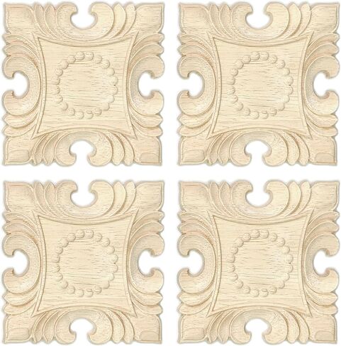 4 Pcs Decorative Wood Flower Carved Appliques Onlays Decals, 4 x 4 Inch Unpainted Solid Wooden Square Carving Decal Trim Applique for Furniture Cabinet Closet Decoration in Saudi Arabia