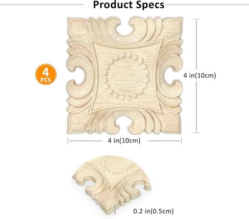 4 Pcs Decorative Wood Flower Carved Appliques Onlays Decals, 4 x 4 Inch Unpainted Solid Wooden Square Carving Decal Trim Applique for Furniture Cabinet Closet Decoration in Saudi Arabia