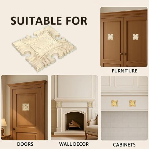 4 Pcs Decorative Wood Flower Carved Appliques Onlays Decals, 4 x 4 Inch Unpainted Solid Wooden Square Carving Decal Trim Applique for Furniture Cabinet Closet Decoration in Saudi Arabia