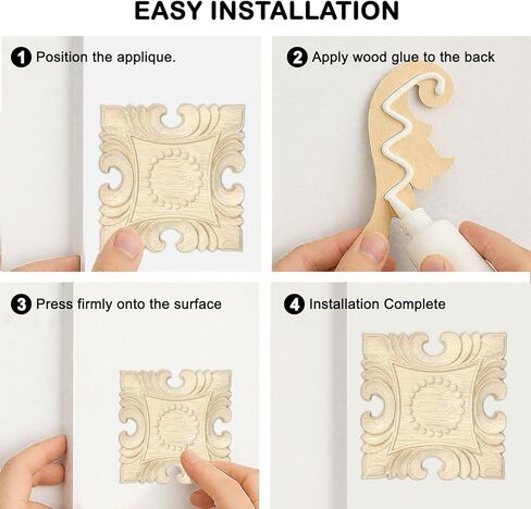 4 Pcs Decorative Wood Flower Carved Appliques Onlays Decals, 4 x 4 Inch Unpainted Solid Wooden Square Carving Decal Trim Applique for Furniture Cabinet Closet Decoration in Saudi Arabia