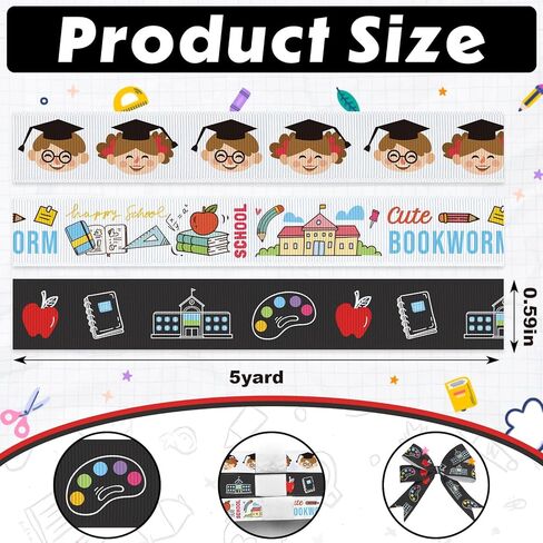 3 Rolls 15 Yards Back to School Ribbons for Gift Wrapping Crafts, 3/8" Preschool Grosgrain Ribbon Bookworm Apple Books Ribbons for First Day of School Kindergarten Party Decoration in Saudi Arabia