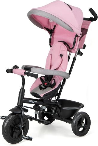 BABY JOY Tricycle, 4 in 1 Toddler Bike w/Removable Canopy, Adjustable Push Handle, Reversible Seat, Safety Belt, Folding Footrest & Storage Basket, Toddler Tricycle for Boys Girls 9-60 Months (Pink) in Saudi Arabia